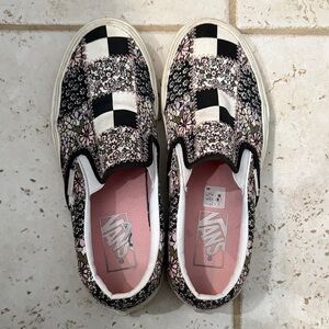 Vans Black and Pink Floral Check Slip-Ons